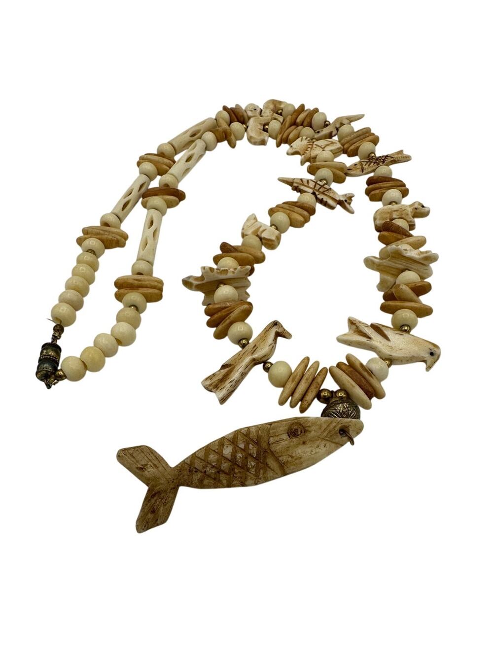Vintage Navajo Carved Bone Necklace 13" Fish, Bird, Turtle, Bear, Lion